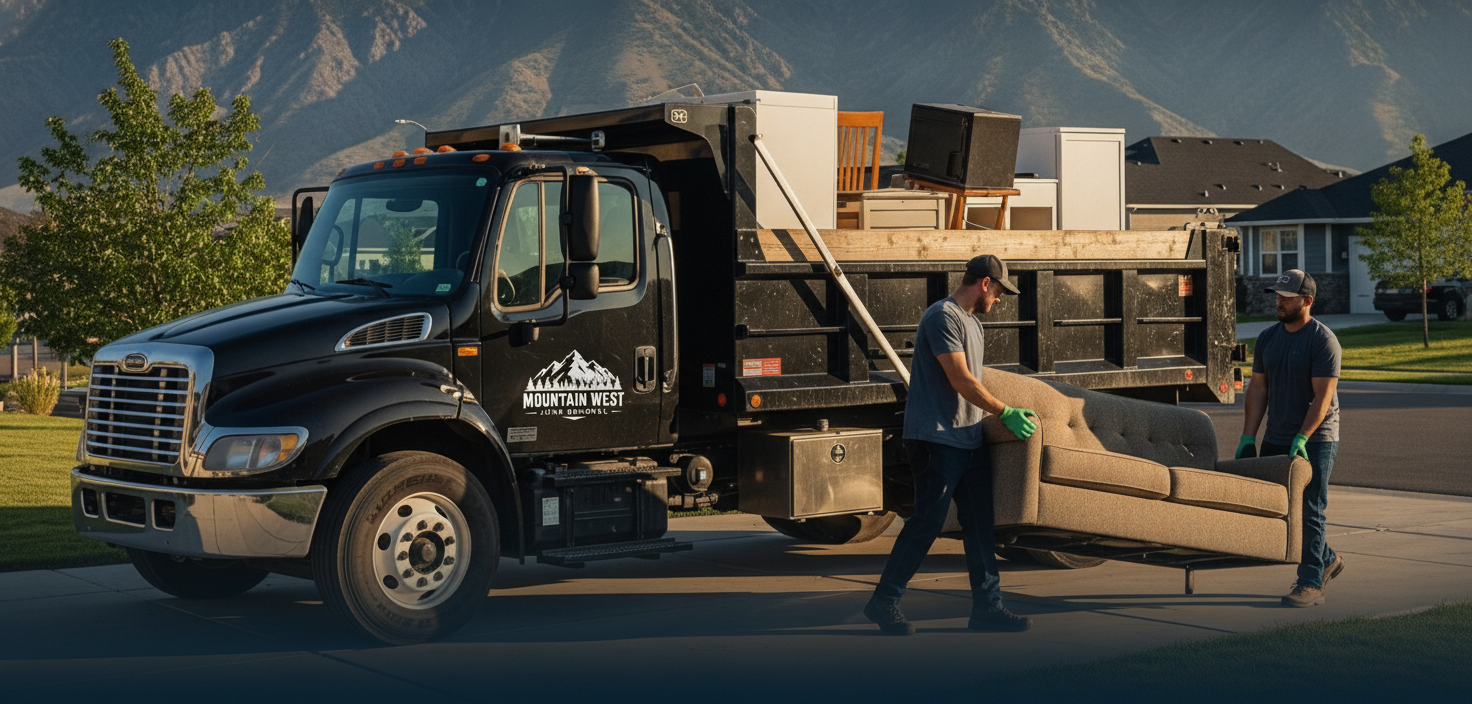 Mountain West Junk Removal crew loading a branded hauling truck with the Utah mountains behind
